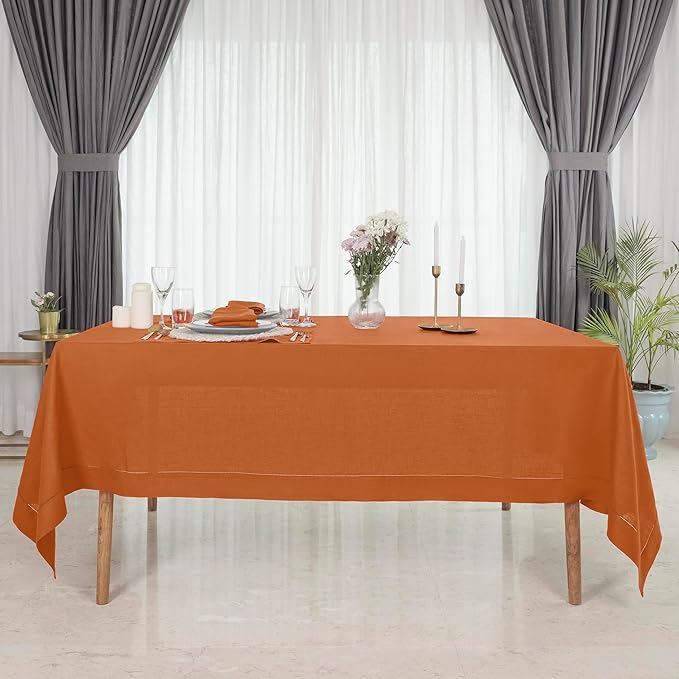 D'Moksha Homes Rust Linen Tablecloth for Rectangle Tables 60 x 144 Inch - 100% Pure Linen Rust Table Cloth - Classic Hemstitch, Machine Washable Dining Tablecloth for Spring, Easter