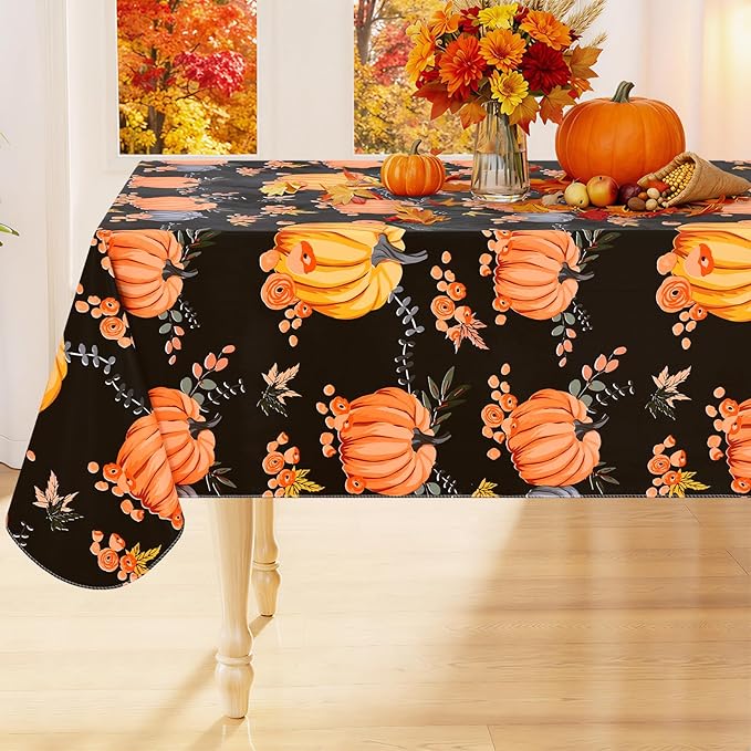 Smiry Fall Rectangle Table Cloth, Waterproof Vinyl Tablecloth with Flannel Backing, Wipeable Autumn Pumpkin Plastic Tablecloths for Harvest and Thanksgiving Parties, (60"x120", Black & Orange)