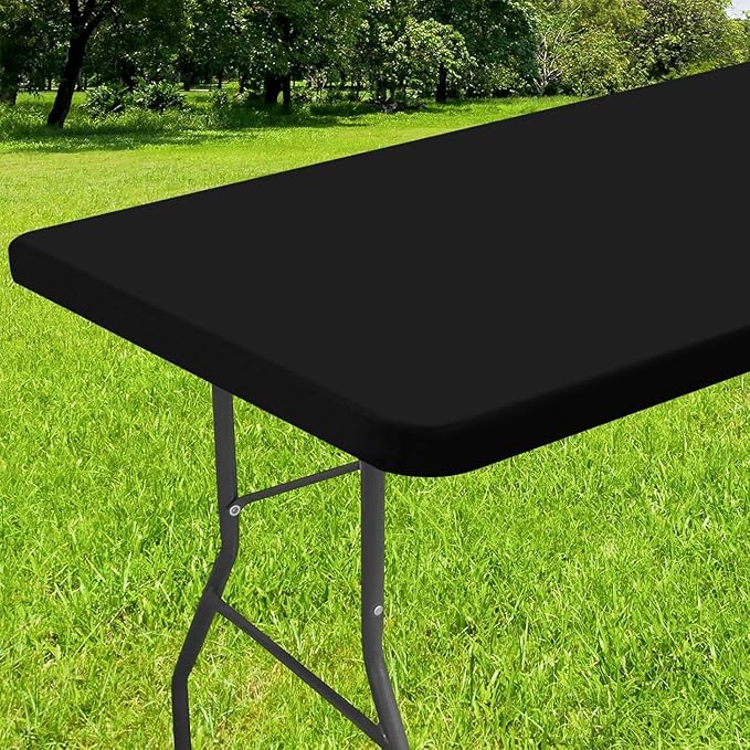 Smiry Rectangle Tablecloth, Elastic Fitted Flannel Backed Vinyl Tablecloths for 8ft Folding Tables, Waterproof Wipeable Table Covers for Indoor, Outdoor, Picnic and Camping (Black, 36"x96")