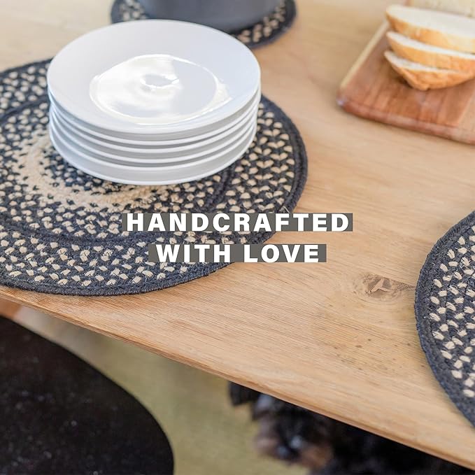 Manchester Jute Braided Kitchen Trivets for Hot Dishes, Country Primitive Decor, Set of 6, Black and Tan 8" Round Heat Resistant Mat - Rich Colors, Easy to Clean, Durable and Protects Furniture