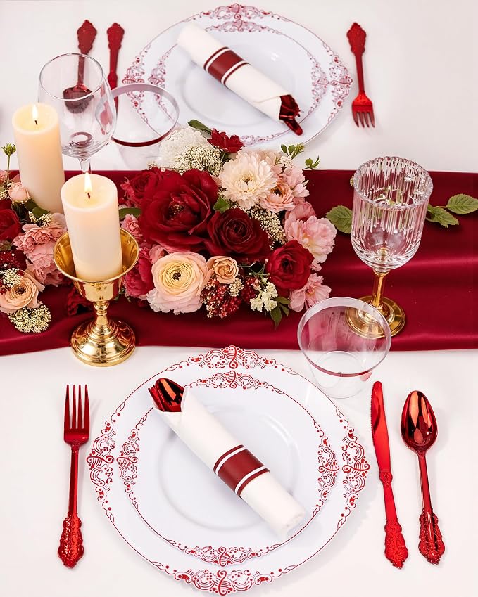 Nervure 350Pcs Red Plastic Plates, Plastic Dinnerware Set - Image 6