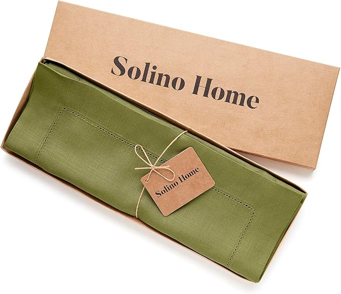 Solino Home Linen Placemats Set of 4 - Classic Hemstitch Avocado Green Placemats 14 x 19 Inch - 100% Pure Linen Table Mats for Winter, Spring, Easter, St Patricks Day