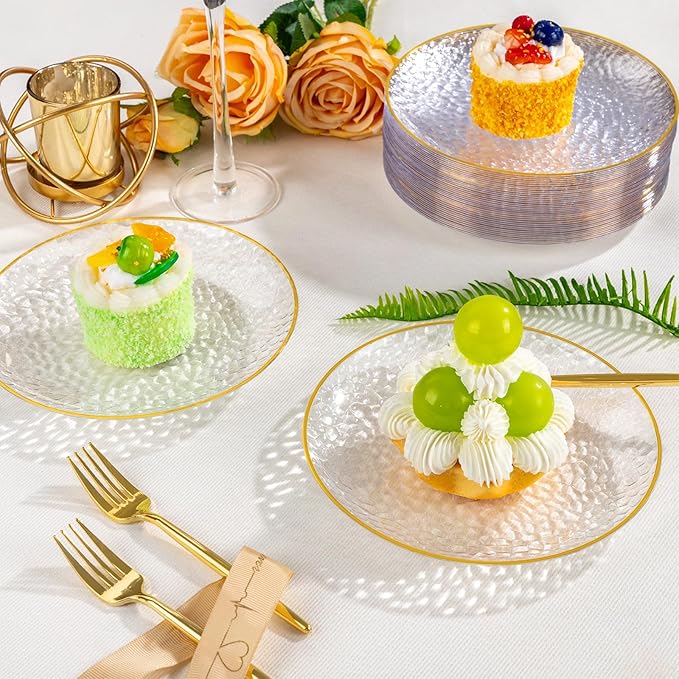 DaYammi 240Pcs Gold Plastic Plates Including 120Pcs Dessert Plates and 120Pcs Cake Forks,Hammered Party Plate,Clear Gold Appetizer plates Heavy duty Disposable Plastic Plate for Party Wedding Birthday