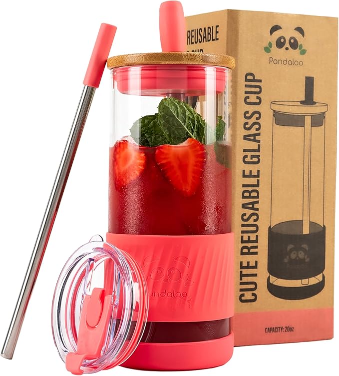Pandaloo® Glass Cups With Lids and Straws -20 Fl Oz- Perfect Size Iced Coffee by Pandaloo