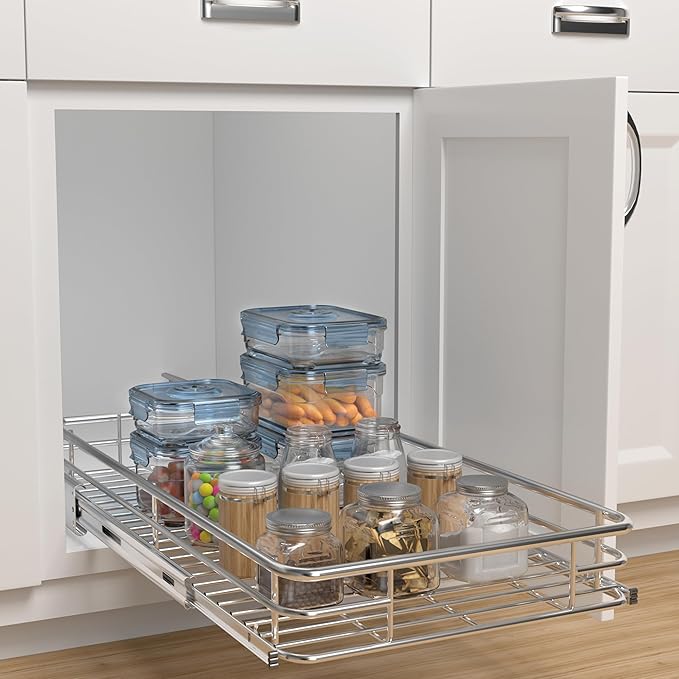 Pull Out Cabinet Organizer (13.4" W x 21" D), Put Out Shelves for Kitchen Cabinets, Roll Out Drawers Heavy-Duty Metal Sliding Shelf, Bottom Mount