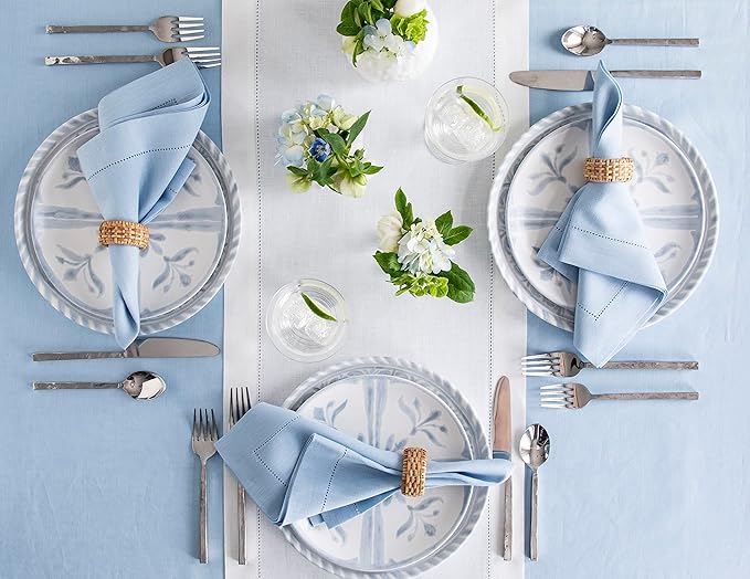 Solino Home Linen Tablecloth for Rectangle Tables 60 x 132 Inch - Classic Hemstitch 100% Pure Linen Sky Blue Table Cloth - Machine Washable Cloth Tablecloth for Spring, Easter