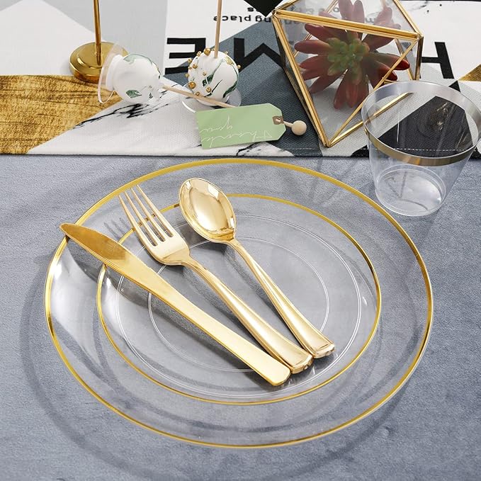 LIYH 60 Pcs Clear and Gold Plastic Plates Heavy Duty Clear Disposable Plates for Party Gold Plastic Plate for Wedding Birthday Include 30 Dinner 30 Dessert Plate