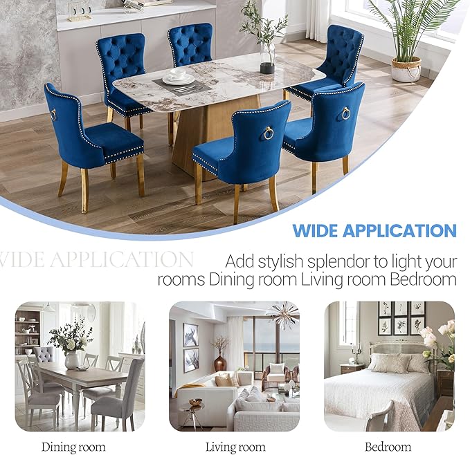 KCC Velvet Dining Chairs Set of 4, Upholstered High-end Tufted Dining Chair with Nailhead Back Ring Pull Trim Stainless Steel Legs, Contemporary Nikki Collection Modern Style for Kitchen, Blue