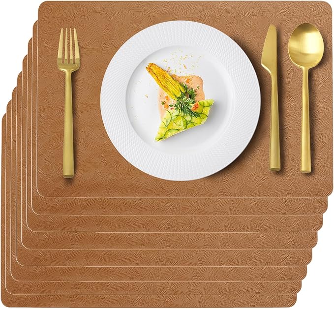 Vinyl Placemats Set of 8 Faux Leather 100% Waterproof Wipeable Washable Place Mats Heat Resistant Easy Clean Non-Slip Table Mats for Indoor Outdoor. (8, Brown)