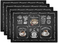 Giwawa Coffee Placemts Set of 4, 12"x18" Black Cafe Life Themed Coffee Beans Maker Espresso Cup Print, Washable Heat-Resistant Linen Placemats for Dining Table Party