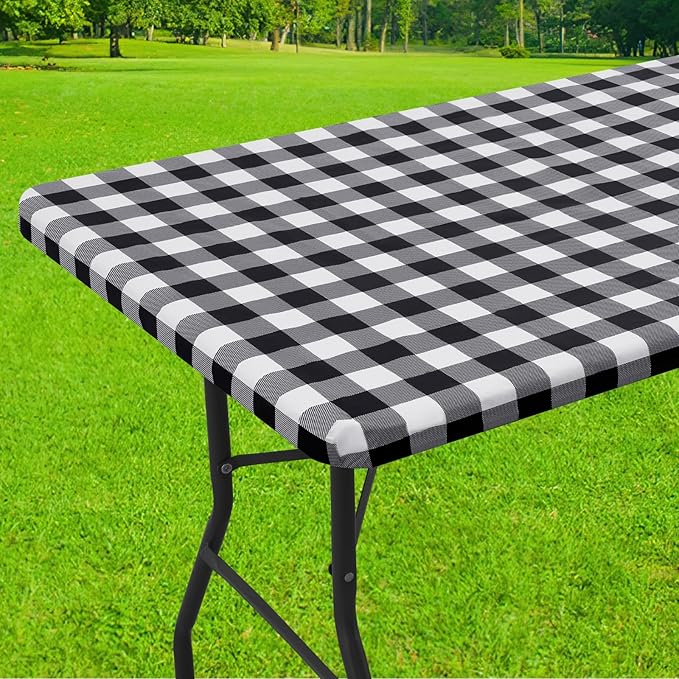 Smiry Rectangle Picnic Table Cloth, Elastic Waterproof Fitted Vinyl Tablecloths, Flannel Backed Buffalo Plaid Table Covers for Dining, Camping, Outdoor (Black and White, 30" x 60")