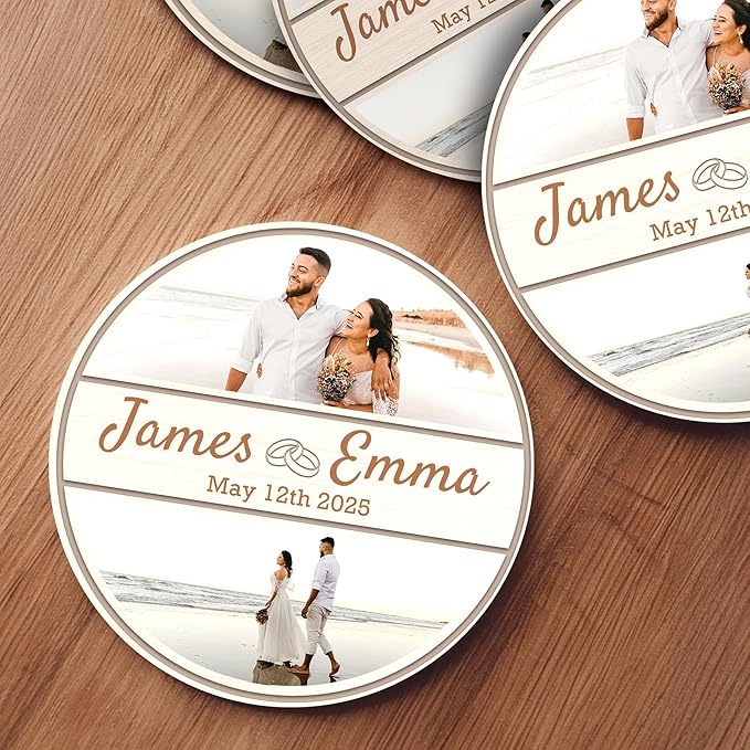 100 Pack Personalized Wedding Coasters, Custom Cardboard Coasters for Drinks with Photo Print and Text, Keepsake Wedding Favors and Gifts for Couples, 3.95" Round (Design 8)