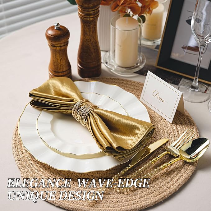 120PCS Ivory White Plastic Plates, Heavy Duty Disposable Party Plate with Gold Rim, Fancy 60 Dinner & 60 Dessert Plates for Parties and Wedding