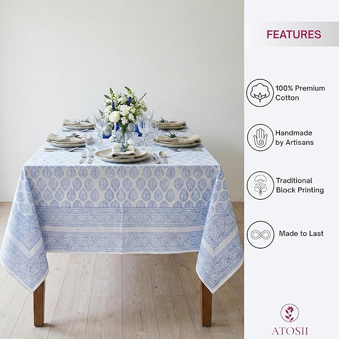 ATOSII Amalfi Blue 100% Cotton Boho Rectangle Fall Tablecloth, Handblock Print Table Cloth for Kitchen I Dining Table Linen Fall Décor I Parties Wedding Outdoors Summer I 72 X 108 Inches I 8 Seater