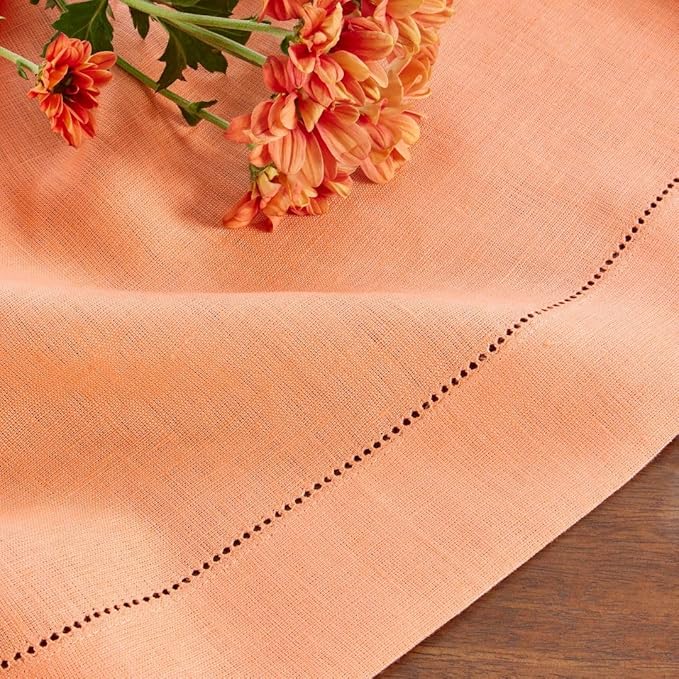 Solino Home Coral Linen Tablecloth 52 x 52 Inch - 100% Pure Linen Square Table Throw - Classic Hemstitch, Machine Washable Table Cloth for Valentines, Spring, Easter