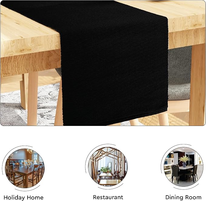 Encasa XO Table Runner, Yarn Dyed Ribbed Cotton 13"x59" | Solid Black, 12-Ply - Image 4