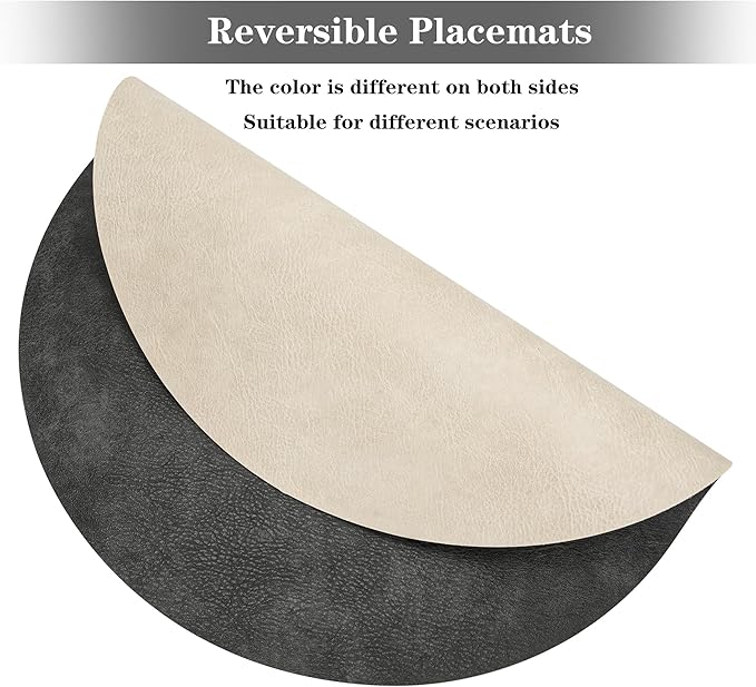Round Placemats and Coasters Set of 8, Washable Reversible Faux Leather Placemats Cowhide Pattern Place Mats Wipeable Non-Slip 15 inch Round Kitchen Dining Table Mats (Gray Beige, 8)
