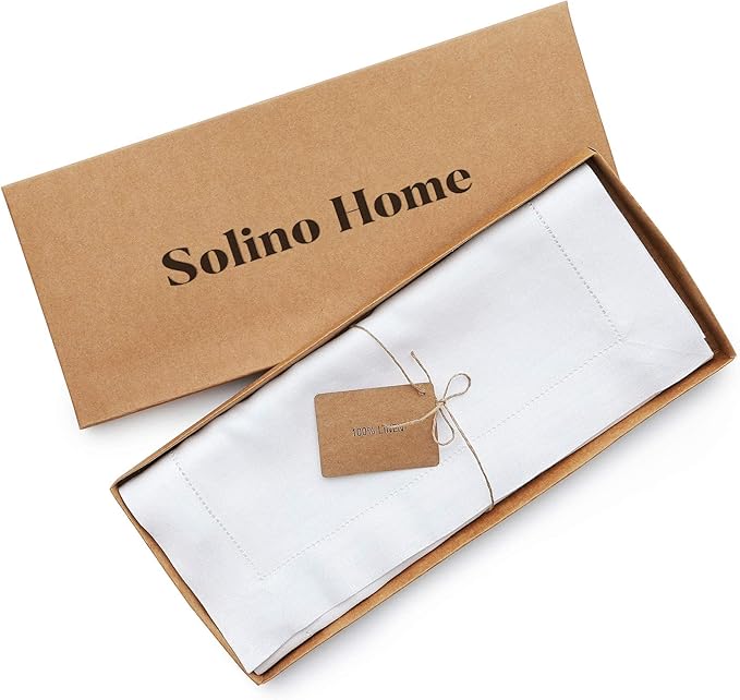 Solino Home Linen White Table Runner 48 Inches - Classic Hemstitch, 100% Pure Linen Coffee Table Runner 14 x 48 Inch Ideal for Dresser Tables - Winter, Valentines, Spring, Easter