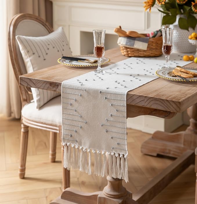 Boho Table Runner 13 x 90 Inch Long Natural Cotton Woven Runner - Image 2
