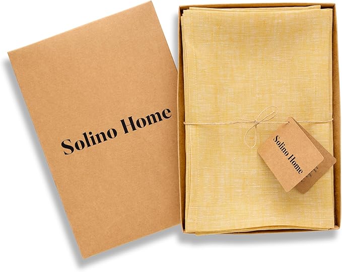 Solino Home Linen Cloth Napkins Set of 4-100% Pure Linen Chambray Mustard Yellow Dinner Napkins 20 x 20 Inch for Spring, Easter - Athena, Handcrafted and Machine Washable