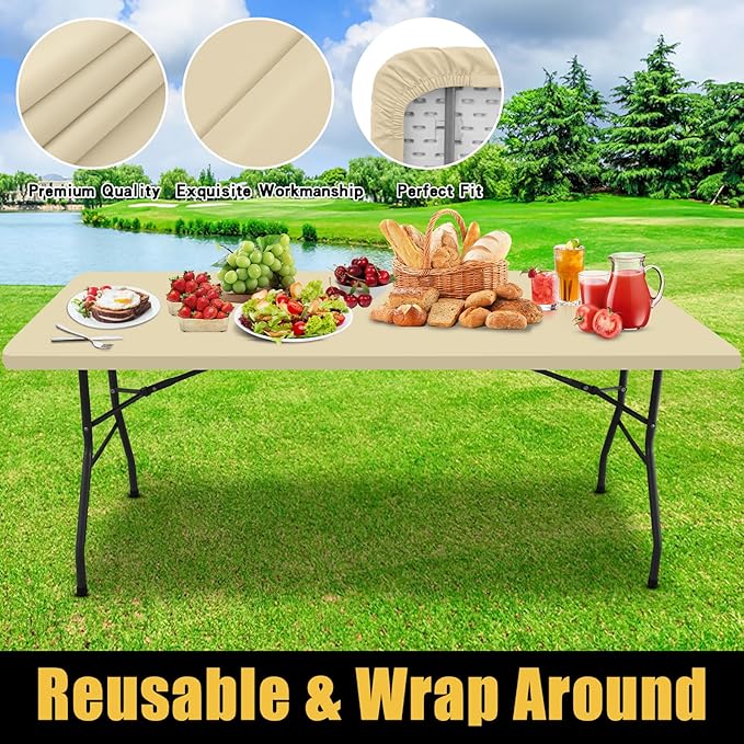 Smiry Rectangle Picnic Table Cloth, Waterproof Elastic Fitted Tablecloths for 4 Foot Tables, Washable Polyester Table Cover for Camping, Indoor and Outdoor (Champagne, 30"x48")