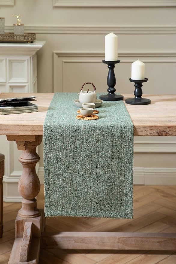 Burlap Style Farmhouse Table Runner, 14x36 Inches Mineral Green | Thick Durable - Image 2