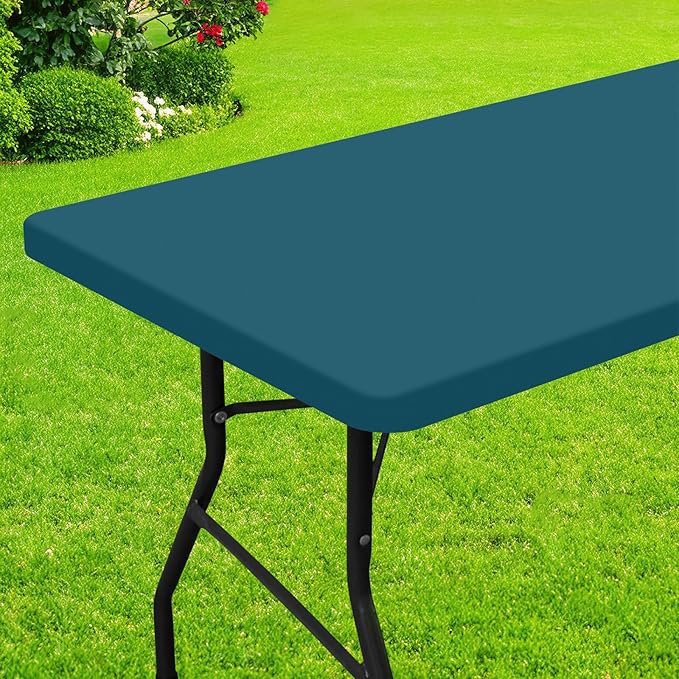 Smiry Rectangle Picnic Table Cloth, Waterproof Elastic Fitted Tablecloths for 6 Foot Tables, Washable Polyester Table Cover for Camping, Indoor and Outdoor (Peacock Blue, 30"x72")