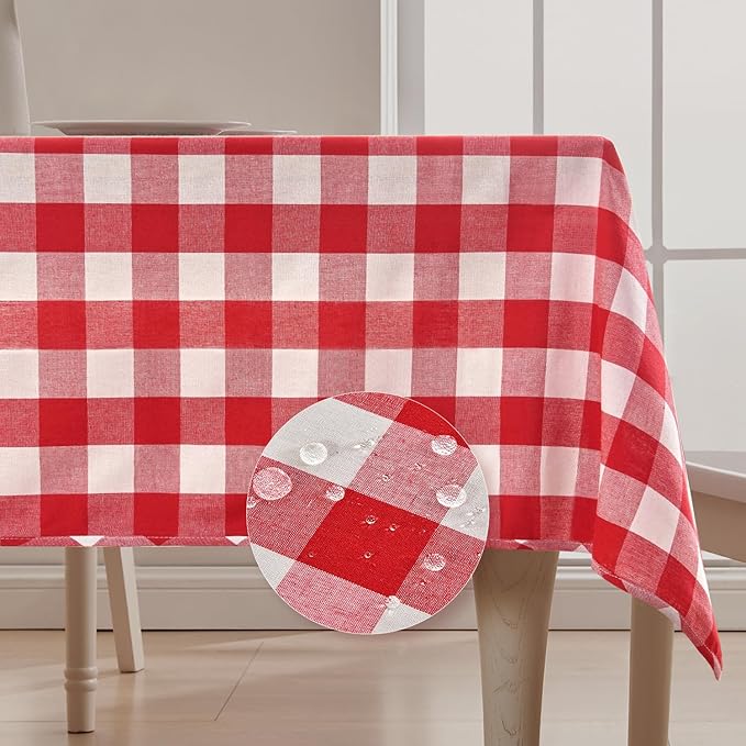 BALCONY & FALCON Gingham Table Cloth Rectangle – Reversible Water-Resistant Cotton Checkered Tablecloth for Valentine， Outdoor Picnic, Camping, Kitchen, Holiday Party Decor (Red White, 55x95 Inch)