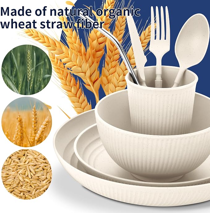 Wheat Straw Dinnerware Sets, 64-Piece Beige Plates and Bowls Sets - Image 5
