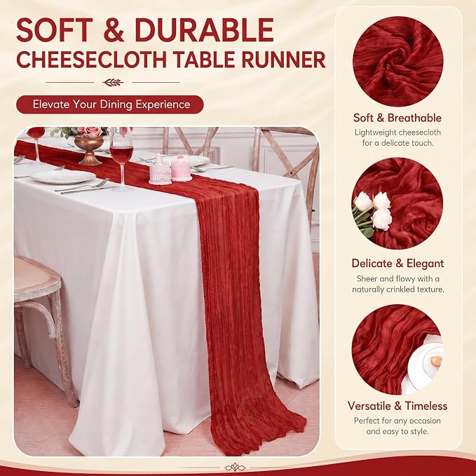 2 Pack Red Cheesecloth Table Runner 17x108 Inch Boho Rustic Semi Sheer Gauze - Image 4