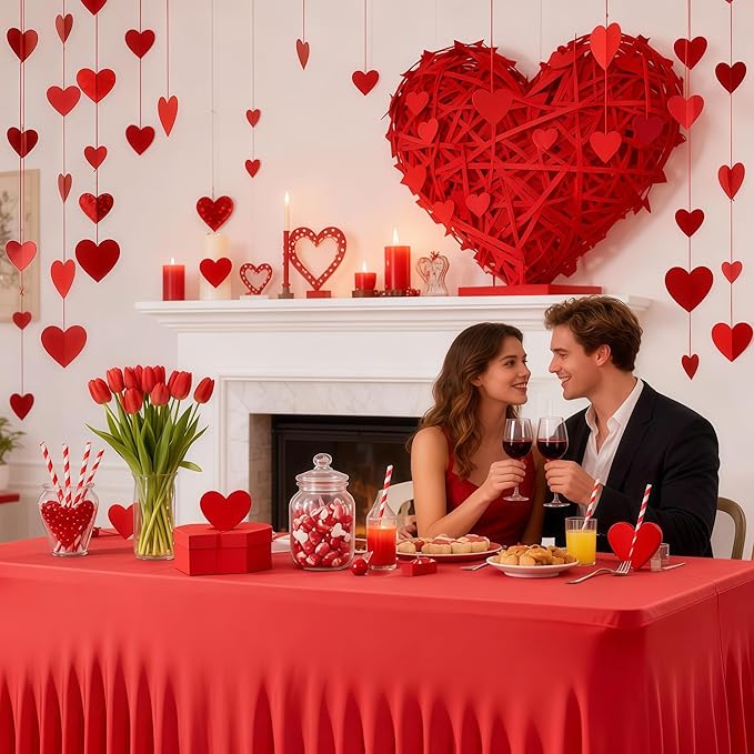 Wish Care 6 Pack Red Spandex Table Clothes for 6 Foot Rectangle Tables, 6FT Wrinkle Free Fitted Tablecloths Ruffles Design Table Cover for Party, Banquet, Wedding and Events