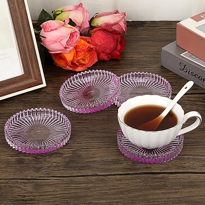 JUXYES 8 Pack Clear Purple Crystal Coasters Round Cup Mat, Glass Coasters for Drinks Coffee Tea Wine, Decorative Wine Bottle Coaster, Crystal Drink Coasters for Restaurant bar Kitchen Dining Table