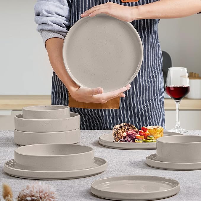 Herogo 16 Piece Plates and Bowls Set, Ceramic Dinnerware Sets with Pasta Bowls, Kitchen Dinner Ware Dishes Service for 4, Chip & Scratch Resistant Dishware, Speckled Coffee Brown