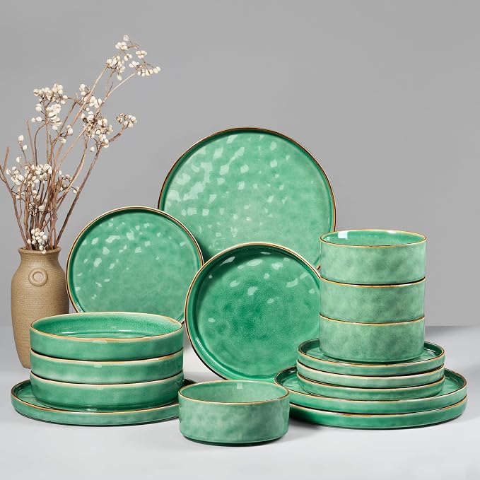HaWare 16-Piece Dinnerware Set for 4, Stoneware Dish Set, Reactive Green | by HaWare