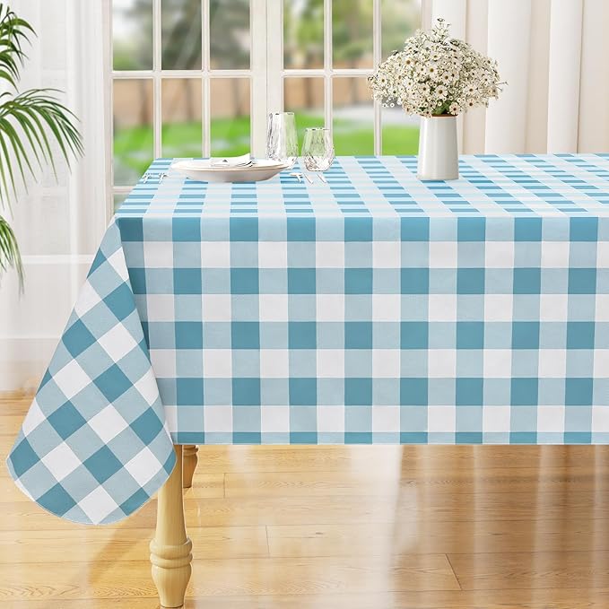 misaya Rectangle Waterproof Vinyl Table Cloth, Buffalo Flannel Backed Tablecloth, Wipeable Plastic Table Cover for Dinner, Kitchen, Outdoor (60" x 84", Aquamarine and White)