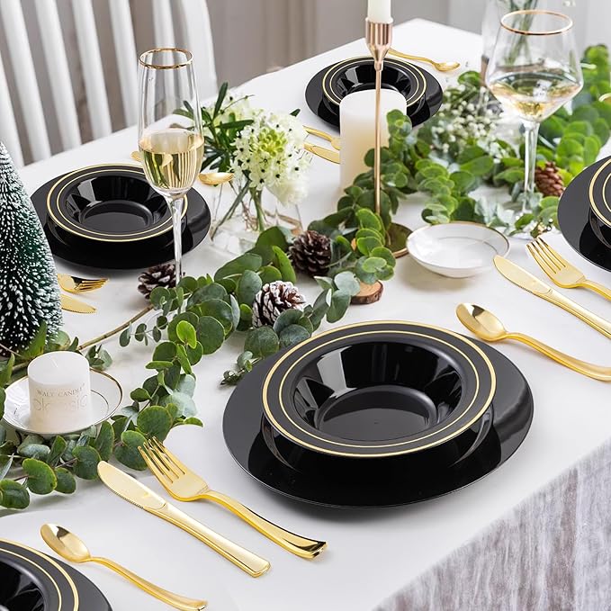 Goodluck 100 Pack Black Plastic Bowls with Gold Rim, 12oz Disposable Soup Bowls, Heavy Duty Dessert Bowls for Weddings, Parties, Dinners, Catering, and New Year