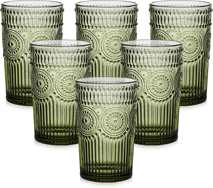 ZMOWIPDL Drinking Glasses Set of 6, 13oz Flower Design Green Glass Cups | by ZMOWIPDL