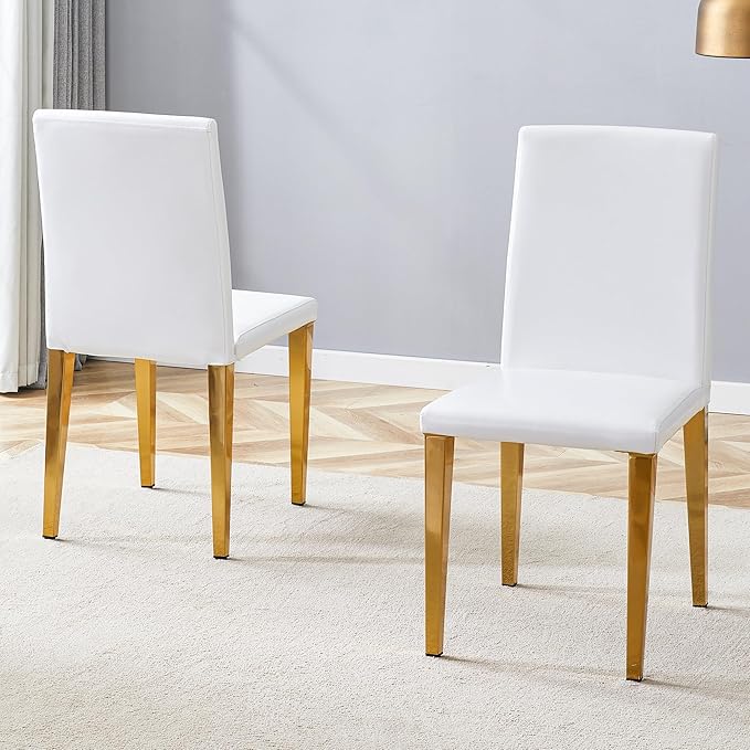 White Dining Chairs Set of 8,Faux Leather with Gold Metal Legs,Armless Kitchen Room Chairs Set of 8,Max Load 300 Lbs,High Back Modern Design for Home Kitchen Living Room Bedroom