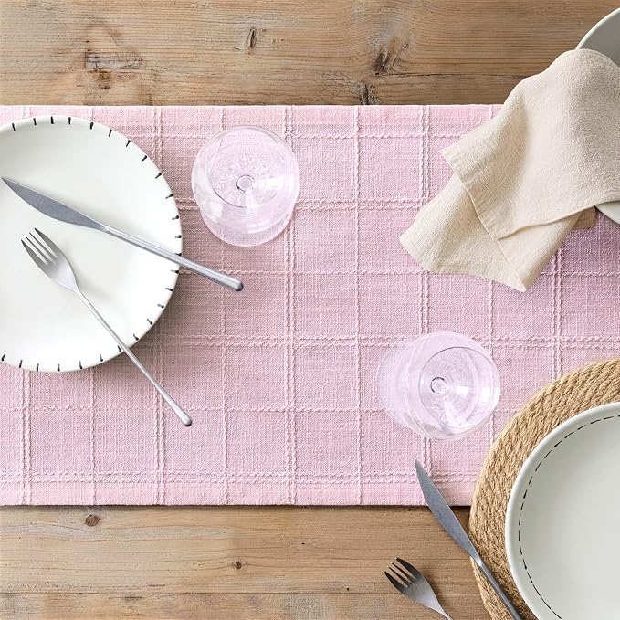 Linen Checked Farmhouse Table Runner, 13x48 Inches Pink | Raised Grid Design - Image 7