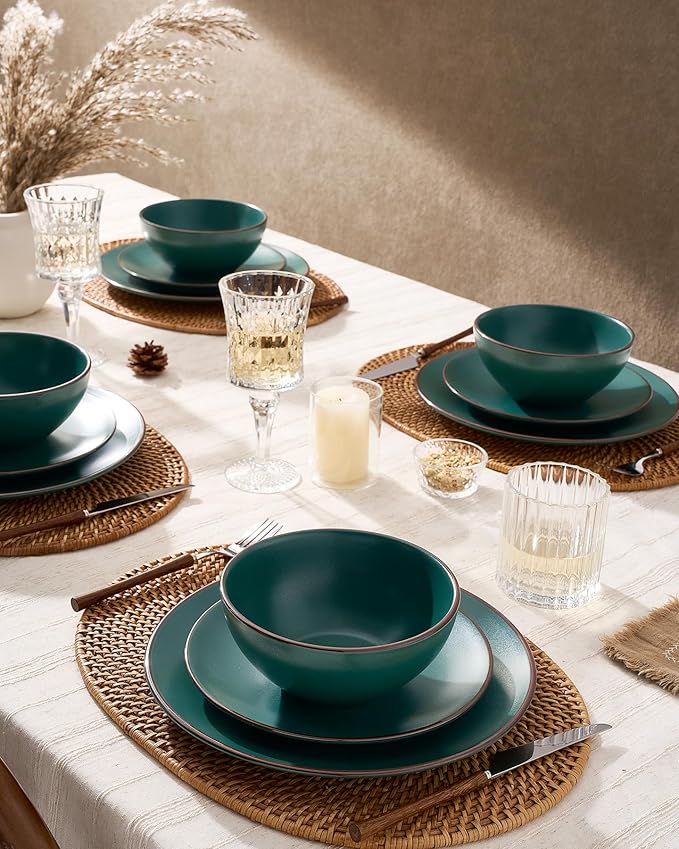 Famiware Venus Speckled Dinnerware Set with Pasta Bowls, Service for 6 (24 Pieces), Stoneware Plates and Double Bowls Sets, Microwave & Dishwasher-Safe Dishes with Trim, Matte Dark Green