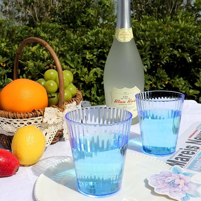 12 PCS Plastic Ribbed Drinking Glasses 10oz Blue Vintage Ripple Stemless Wine - Image 4