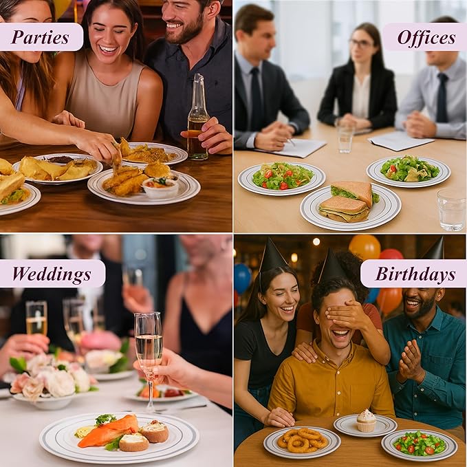 Aya's 100 Silver Rimmed Disposable Plates Set, Heavy Duty - 50 Dinner and 50 Dessert Plastic Plates for Party - Elegant White and Silver Design, Durable Tableware for Weddings, Events and Celebrations