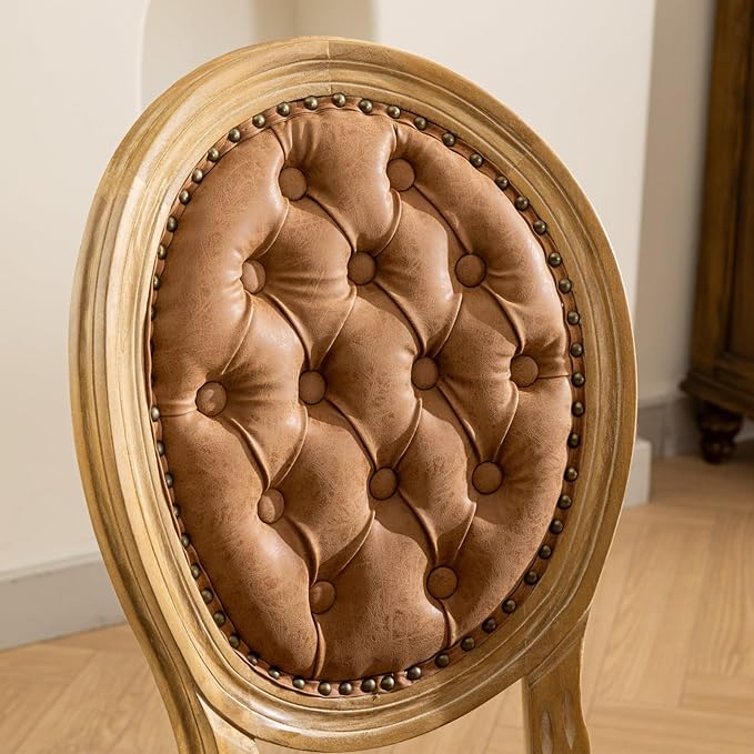 Ball & Cast French Vintage Upholstered Dining Chairs Set of 2, Button Tufted Kitchen Side-Chairs with Carved Antique Wood Frame & Nailhead Trims, PU-Leather Curved Backrest Louis Chair, PU Orange