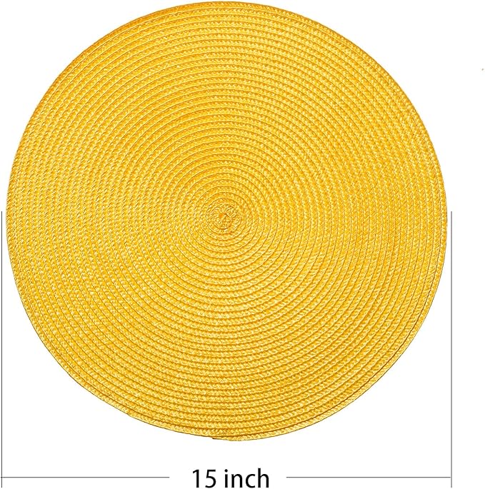 AHHFSMEI Round Braided Placemats 15 Inch Round Table Mats for Dining Tables Natural Woven Heat Resistant Place mats Set of 6 (Yellow)