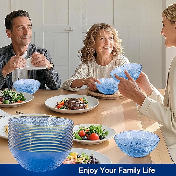 Rubtlamp 50 Pack Clear Blue Disposable Bowls, Clear Plastic Bowls with Gold Rim, 12-16oz Premium Heavy Duty Plastic Dinner Bowls for Party, Wedding and Holiday