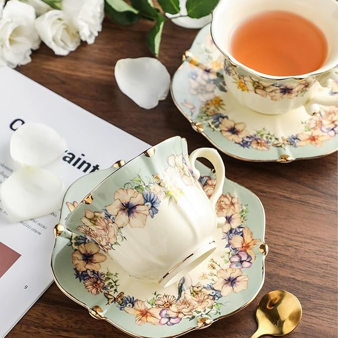 TATSUMI Country Roses Bone China Tea Cup and Saucer Set, 3 Pieces, Vintage Style - Image 6