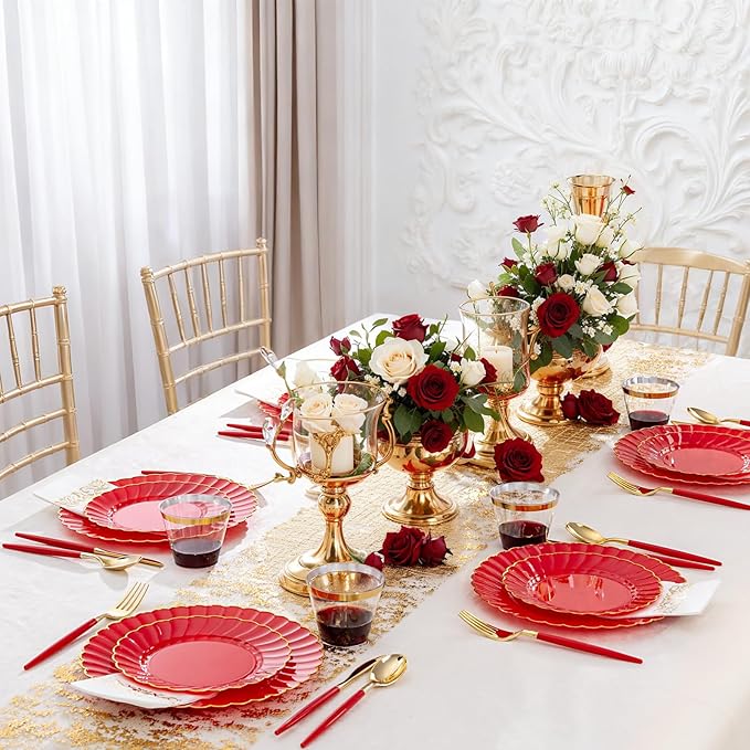 Ciaell 175 PCS Red Scalloped Plastic Plates with Gold Trim - Red Plastic Silverware with Handle - Fancy High-End Dinnerware Sets for Wedding & Valentine's Day & Party