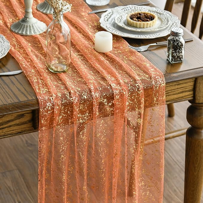 Artoid Mode 3PCS Orange Gold Gauze Table Runner 120 Inch 10FT, Glitter Metallic Foil Sheer Dining Wedding Anniversary Holiday Table Decor for Home Party