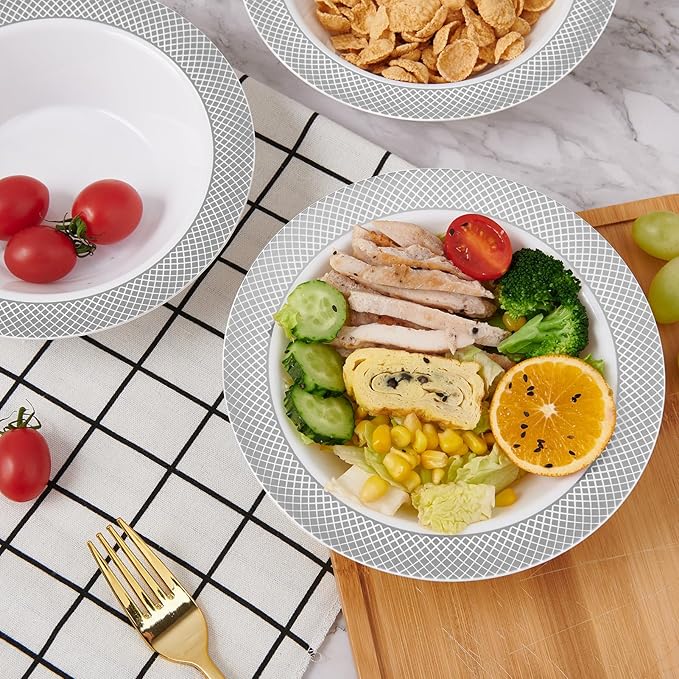 JOLLY CHEF 100 Pack Plastic Bowls with Silver Rim, 12 oz Disposable Soup Bowls, Heavy Duty Dessert Bowls for Weddings, Party, Dinners, Catering, Christmas and Everyday Use