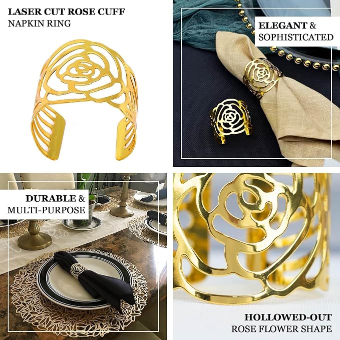 Efavormart 4 Pack | Shiny Gold Laser Cut Rose Metal Cuff Napkin Rings, - Image 4